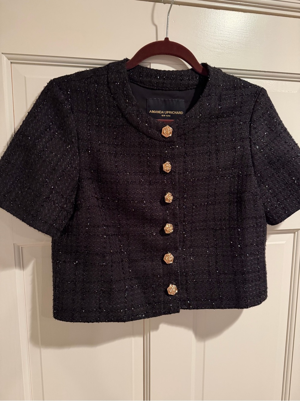 Amanda Uprichard Black Tweed Cropped Jacket with Gold Buttons